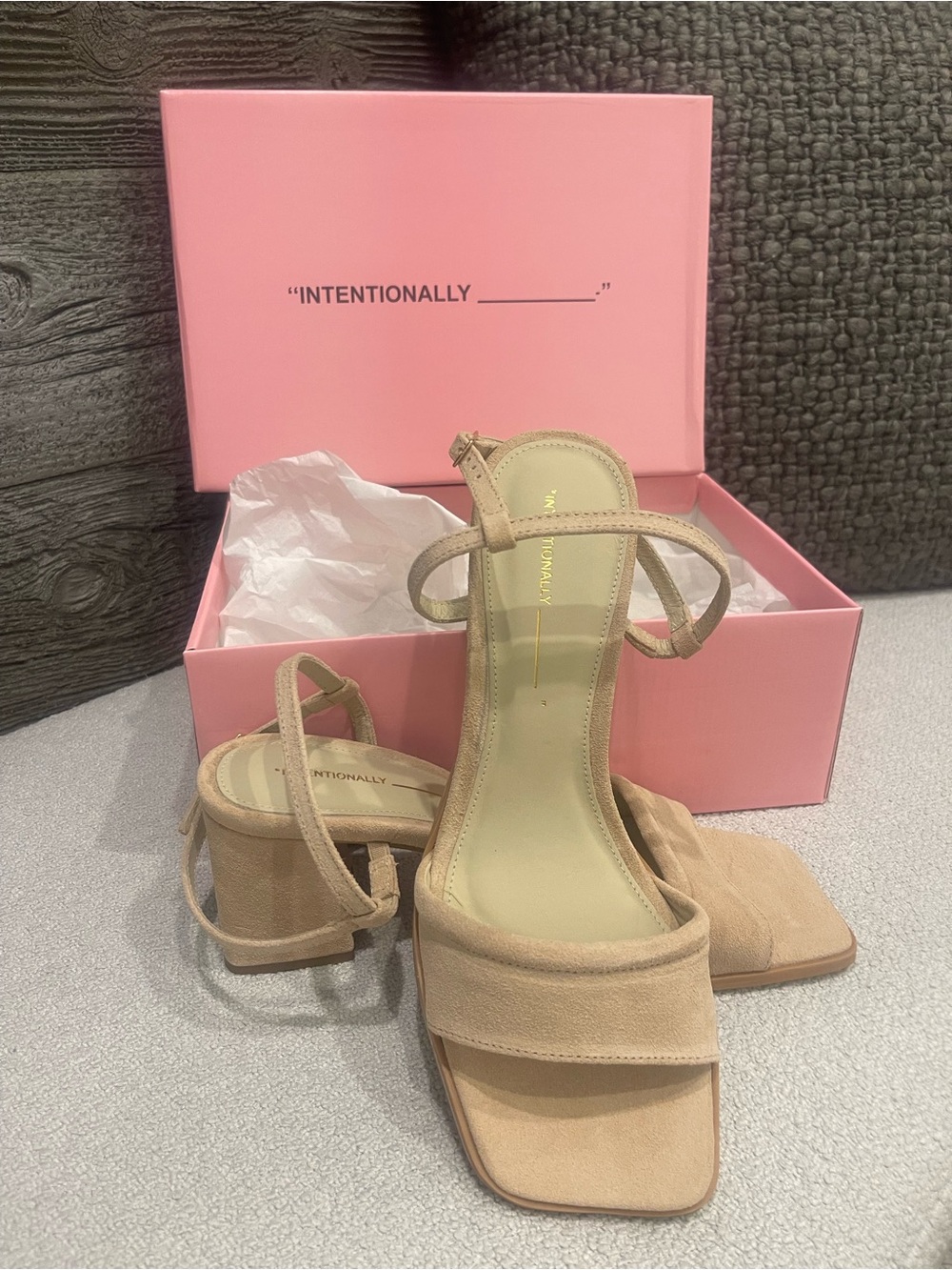 INTENTIONALLY BLANK Beige Suede Square-Toe Block Heel Sandals